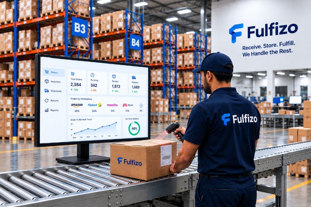 Fulfizo warehouse associate scanning a shipment on the fulfillment floor